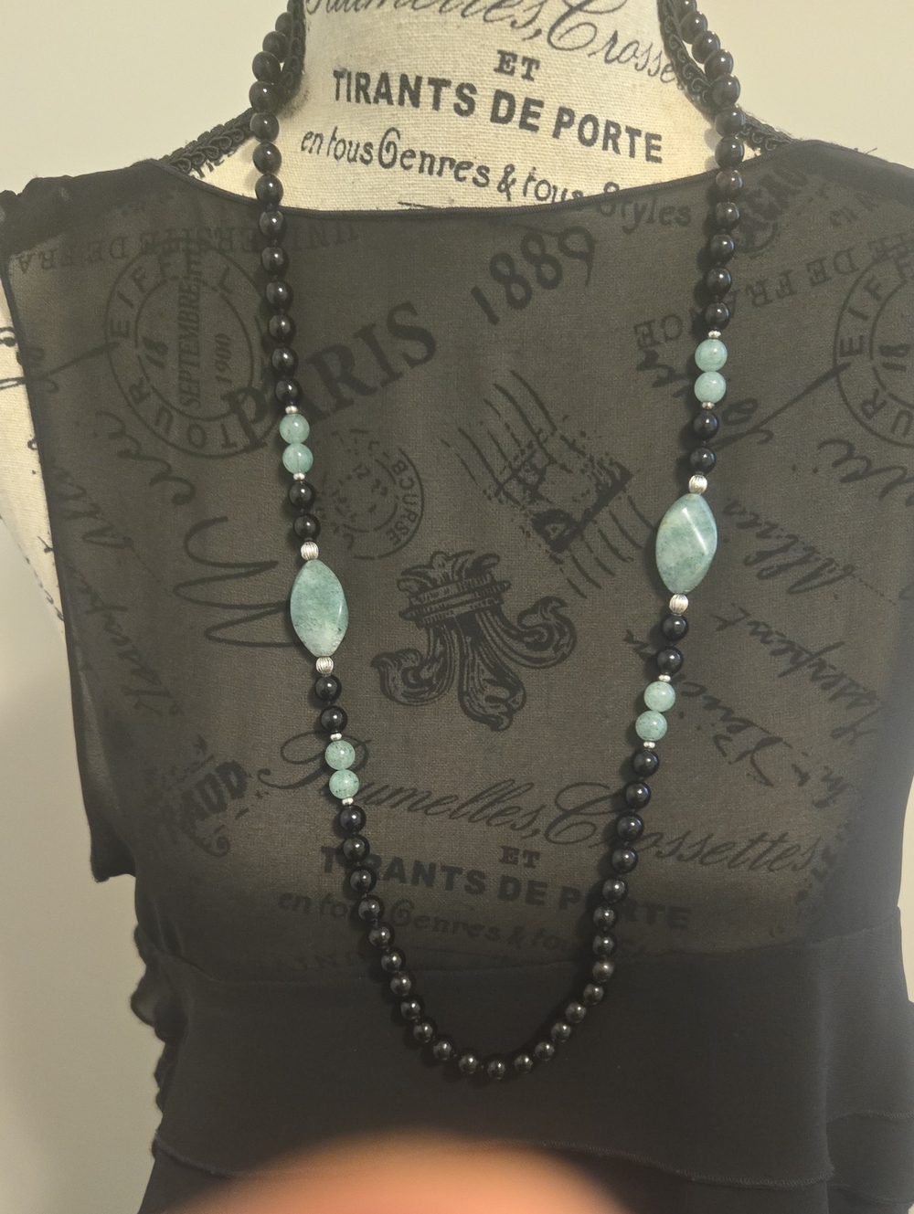 LongGENUINE BlackOnyxSterling SILVER Beaded Necklace with Aqua Gem Accents